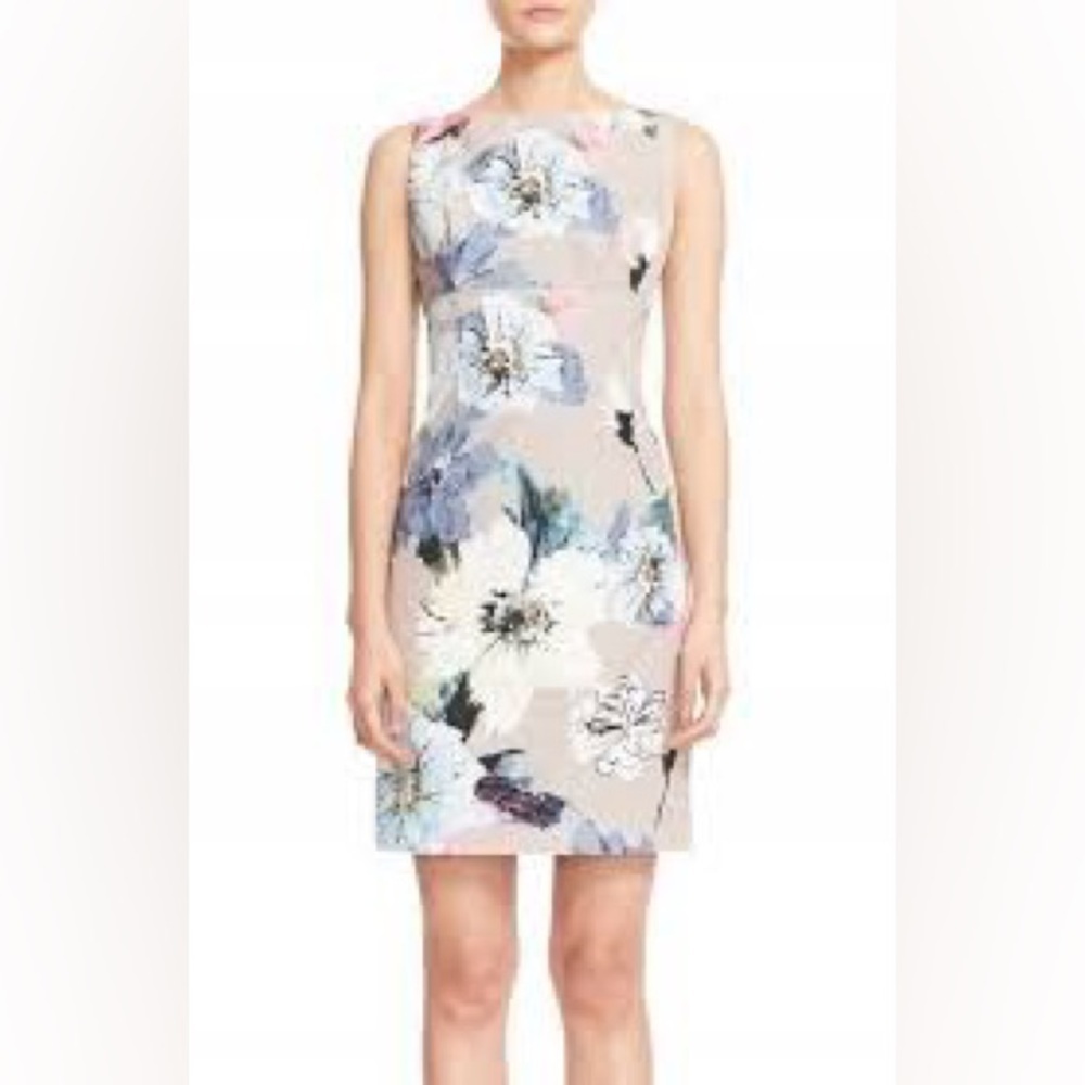 MILLY Taupe Floral Sleeveless V-Neck Shift Mini Dress Wedding Guest Size 8